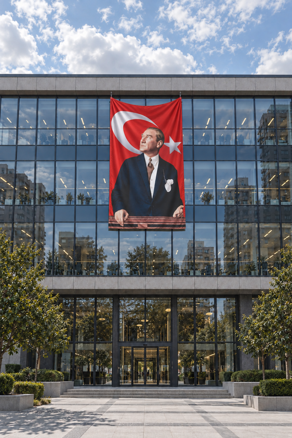 Cam cepheli binaya iki üst köşeden asılmış Atatürk posteri