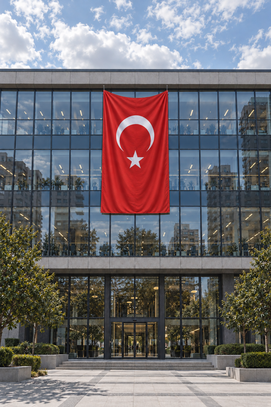 Cam cepheli binaya iki üst köşeden asılmış dikey Türk bayrağı