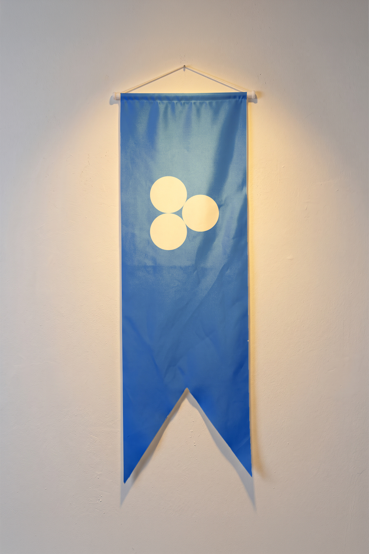 Timur Bayrağı, mavi zemin üzerindeki üç açık renkli daire, V kesim kırlangıç flama